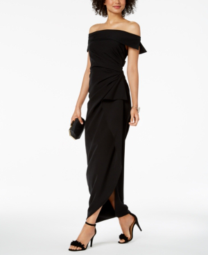vince camuto off shoulder crepe gown
