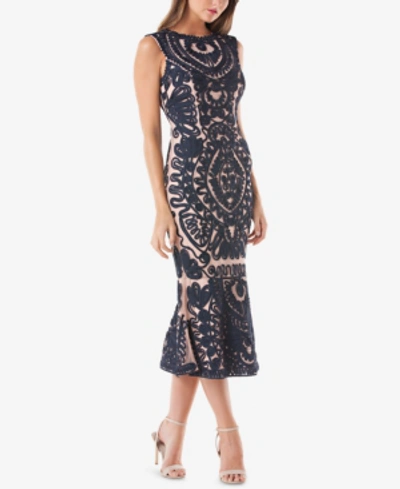 Js Collections Embroidered Soutache Midi Dress In Navy Nude