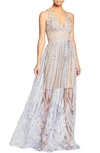 Dress The Population Chelsea Lace A-line Gown In Mineral Blue/ Nude