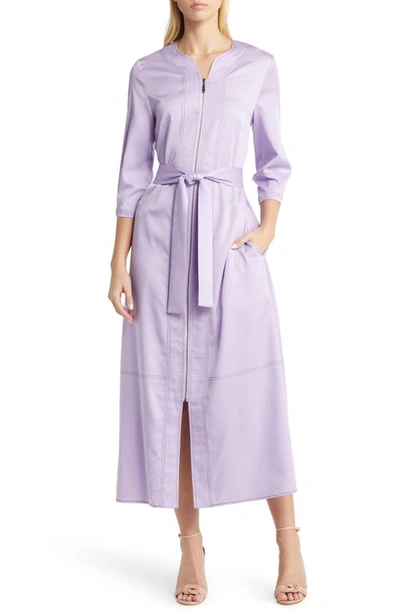 Misook Belted Zip-up Poplin Maxi Dress In Lavender/biscotti
