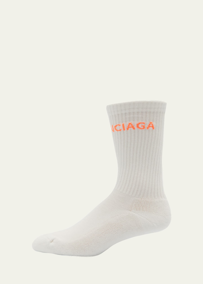 Balenciaga Men's Logo-knit Tennis Socks In White/orange