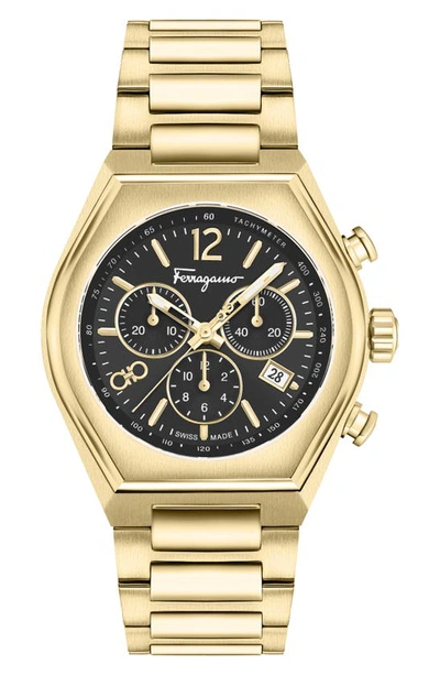 Ferragamo Men's Tonneu Ip Yellow Gold Chronograph Bracelet Watch, 42mm In Black/gold