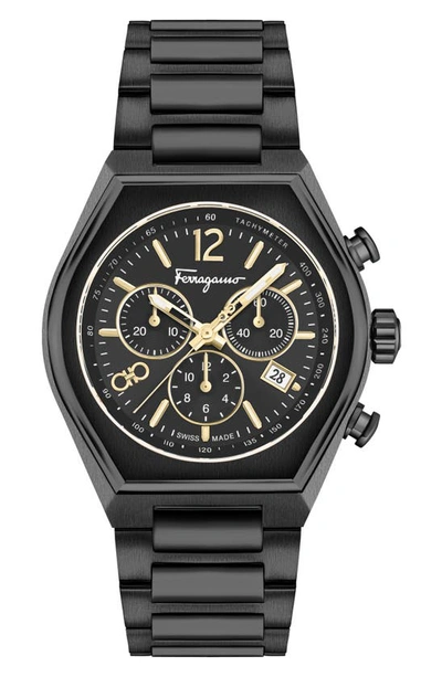 Ferragamo Tonneu Ion Plated Stainless Steel Chronograph Watch, 42mm In Black