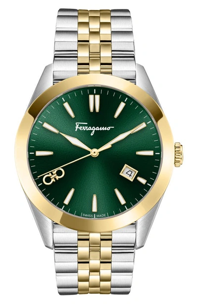Ferragamo Classic Two Tone Stainless Steel Watch, 42mm In Green/gold