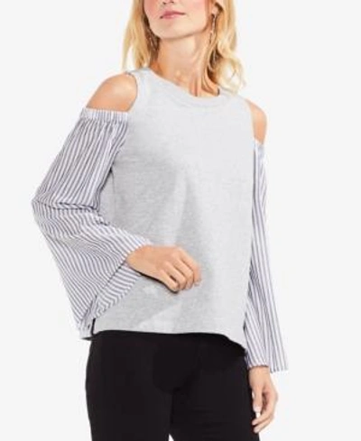 Vince Camuto Stripe Bell Sleeve Mixed Media Top In Grey Heather