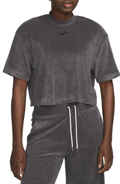 Nike Women's  Sportswear Mock-neck Short-sleeve Terry Top In Grey