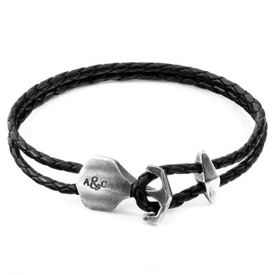 Anchor & Crew Coal Black Delta Anchor Silver & Braided Leather Bracelet