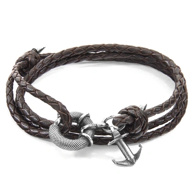 Anchor & Crew Dark Brown Clyde Anchor Silver And Braided Leather Bracelet In &