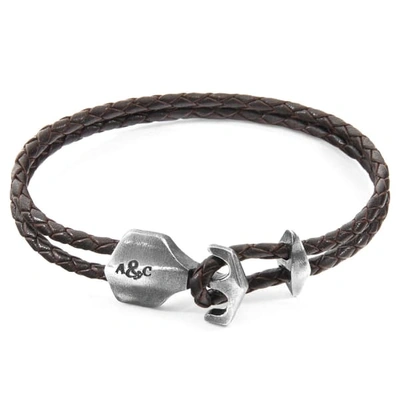 Anchor & Crew Dark Brown Delta Anchor Silver & Braided Leather Bracelet