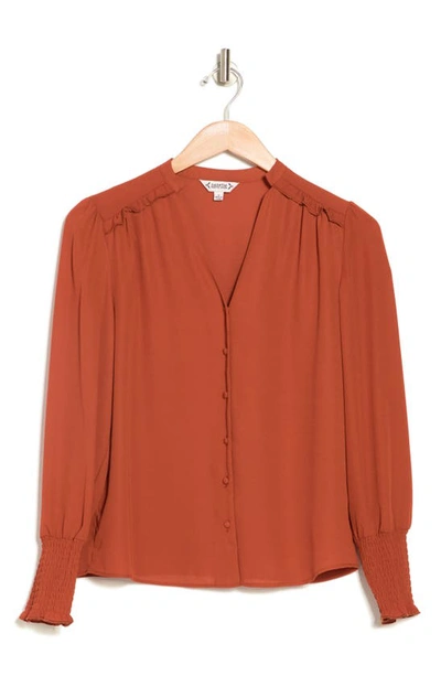 Nanette Lepore Smocked Cuff Split Neck Blouse In Picante