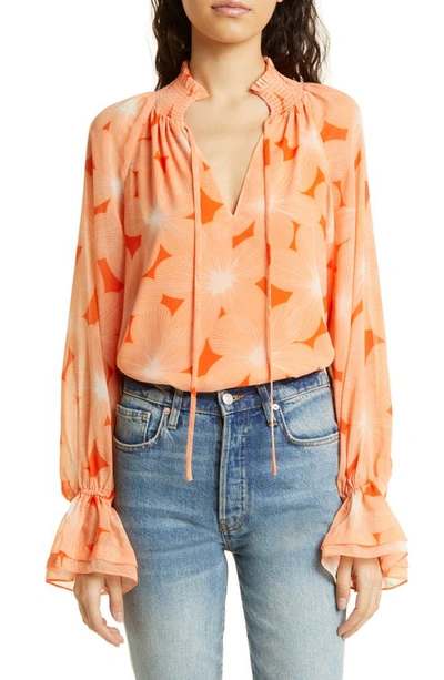 Ramy Brook Clarke Tie Neck Bell Cuff Blouse In Peach