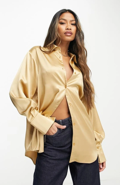 Asos Design Oversize Satin Button-up Shirt In Gold