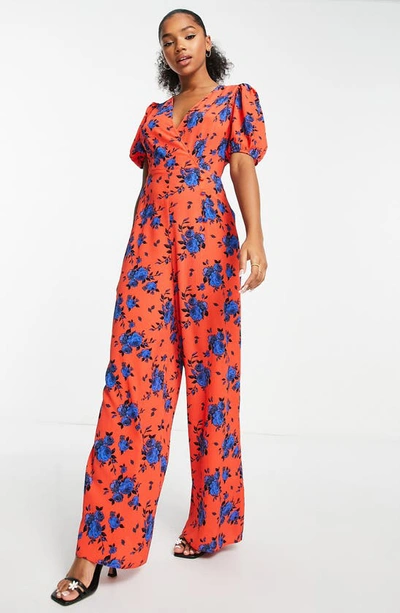 Asos Design Floral Puff Sleeve Jumpsuit In Multi