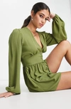 Asos Design Long Sleeve Plunge Neck Romper In Green