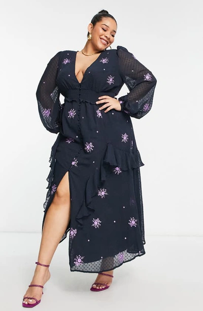 Asos Design Curve Floral Embroidered Plunge Midi Dress In Black Multi