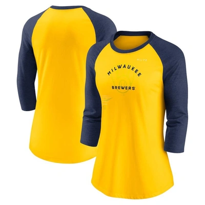 Nike Women's  Gold, Navy Milwaukee Brewers Next Up Tri-blend Raglan 3/4-sleeve T-shirt In Gold,navy