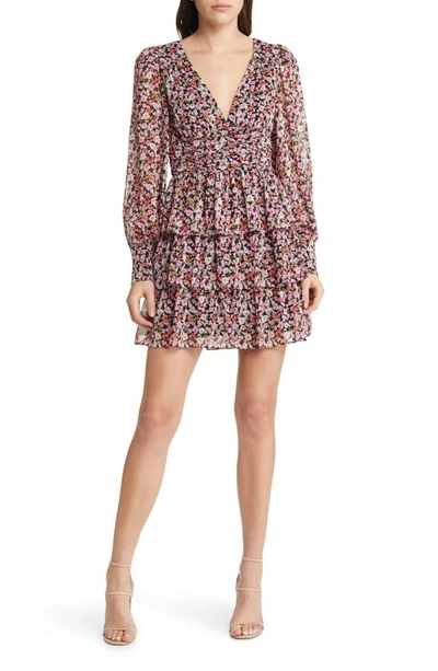 Charles Henry Floral Tiered Long Sleeve Minidress In Black Ditsy