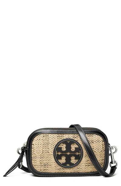 Tory Burch Mini Miller Linen Blend Crossbody Bag In Natural/black/silver