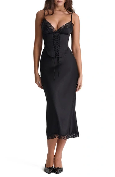 House Of Cb Corset Satin Slipdress In Black