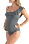 Cache Coeur Bloom One-shoulder One-piece Maternity Swimsuit In Kaki