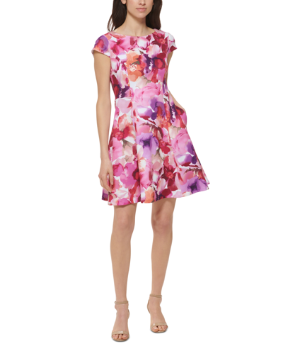Jessica Howard Plus Size Floral-print Cap-sleeve Fit & Flare Dress In Pink