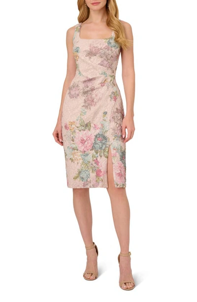 Adrianna Papell Plus Size Floral-print Square-neck Sheath Dress In Tan/beige