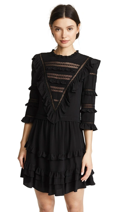 Rebecca Taylor Long Sleeve Silk & Lace Dress In Black