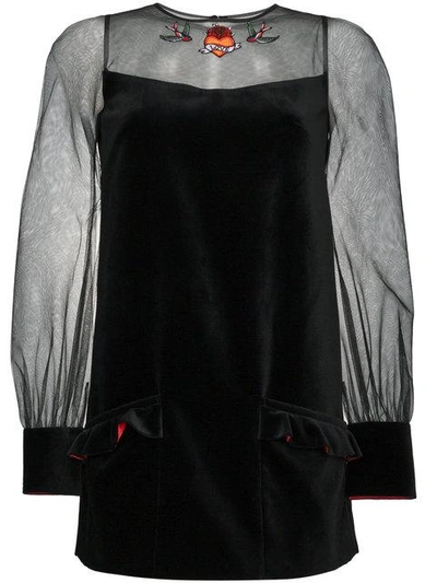Navro Velvet Mini Dress With Sheer Sleeves - Black