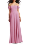 Dessy Collection Off-the-shoulder Pleated Cap Sleeve A-line Maxi Dress In Pink