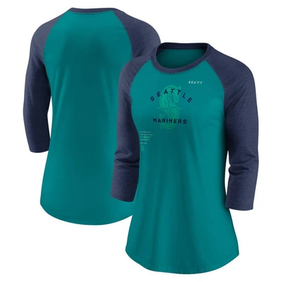 Nike Women's  Aqua, Navy Seattle Mariners Next Up Tri-blend Raglan 3/4-sleeve T-shirt In Aqua,navy