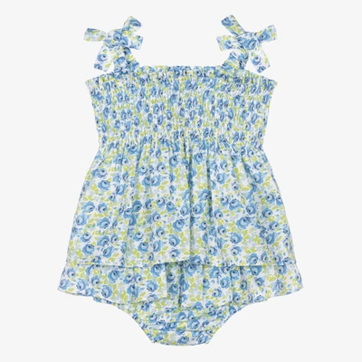 Beatrice & George Babies' Girls Blue Cotton Floral Dress & Bloomers