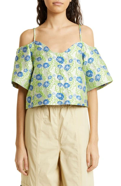 Ganni Floral Jacquard Off The Shoulder In Oyster Gray/ Green