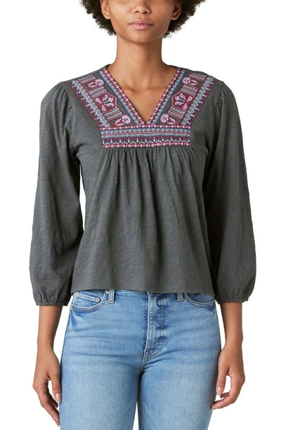 Lucky Brand Embroidered V-neck Cotton Blend Peasant Top In Raven