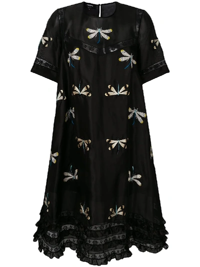 Rochas Dragonfly Embroidered Peasant Dress In Black