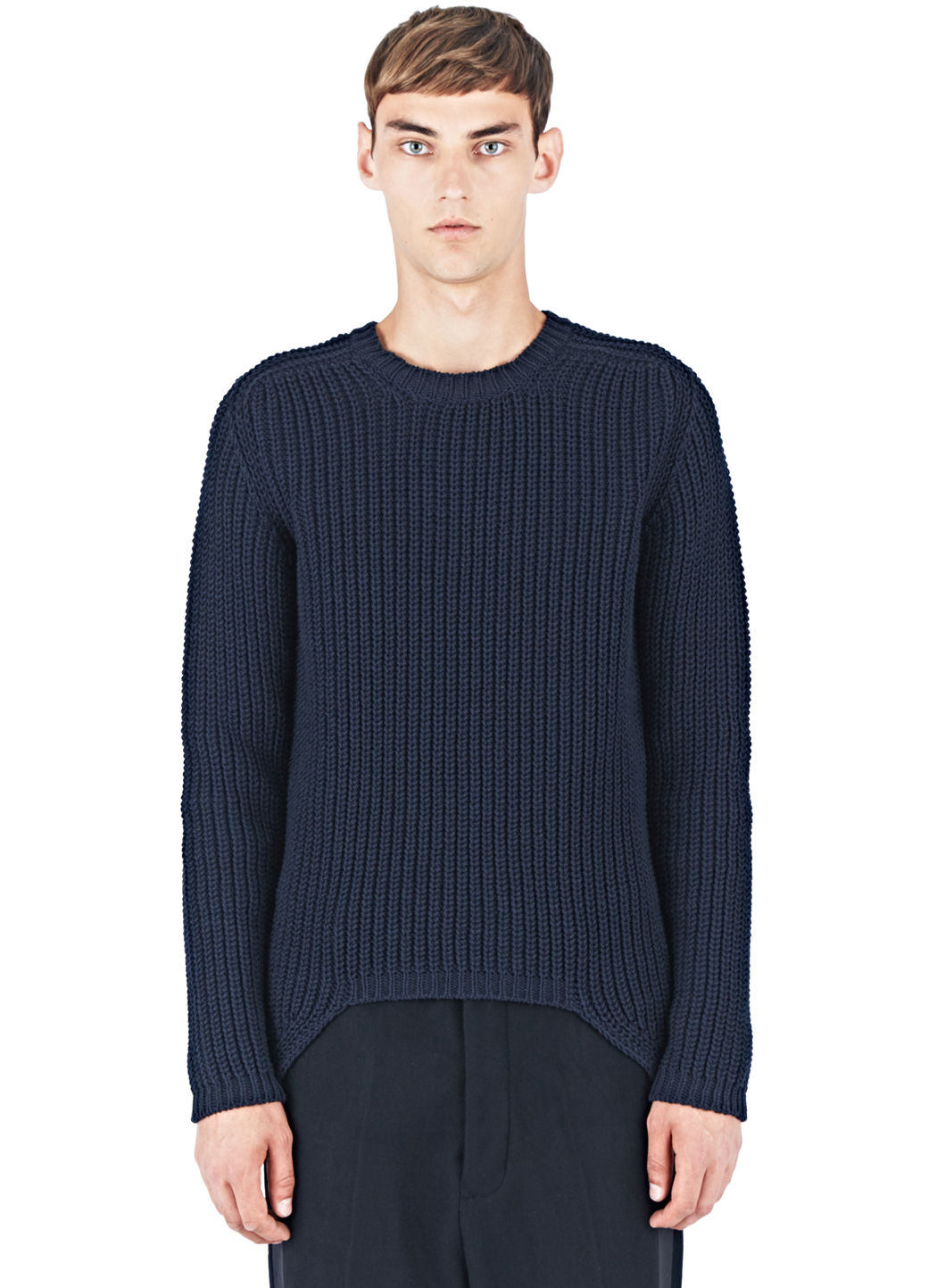 Rick Owens Men's Ribbed Knit Crew Neck Sweater In Navy | ModeSens
