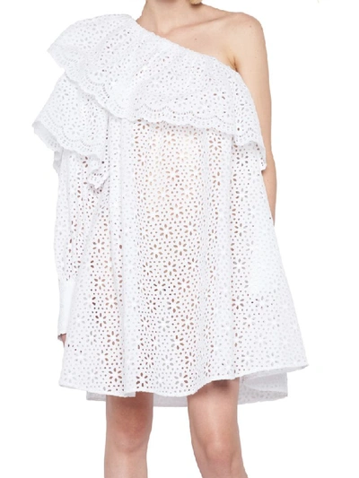 Msgm Sangallo Lace Mono Shoulder Dress In Bianco