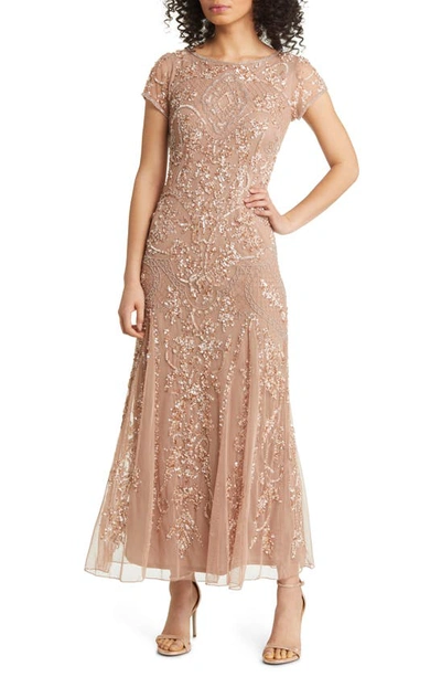 Pisarro Nights Beaded Mesh Column Gown In Beige