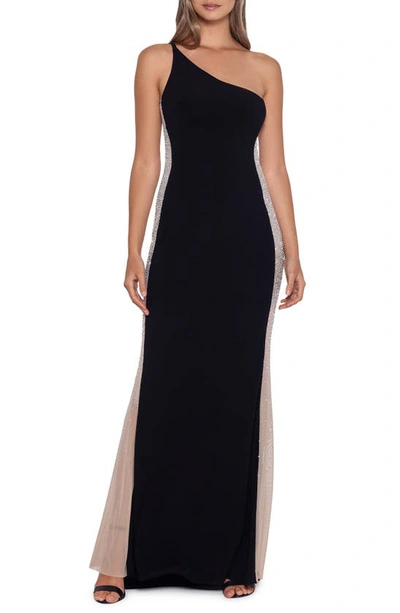 Xscape Embellished One Shoulder Evening Gown In Black Nude