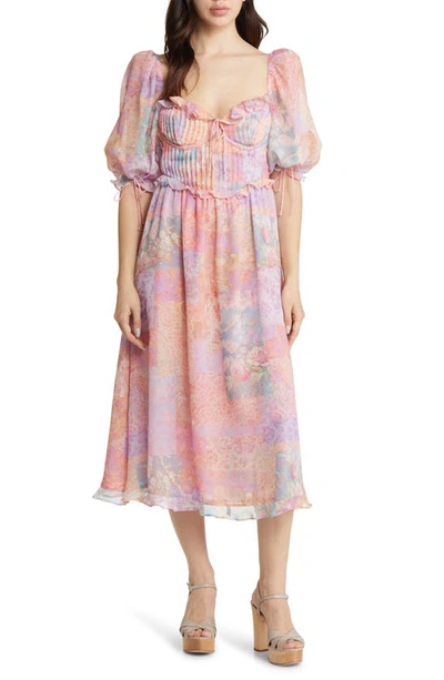 For Love Lemons Odessa Puff Sleeve Bustier Midi Dress In Multi