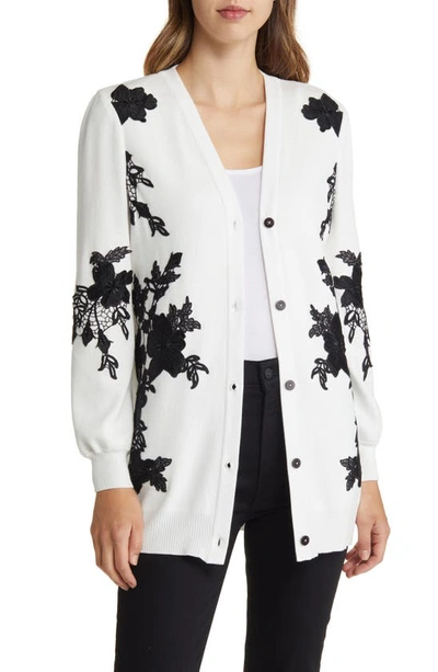 Misook Floral Applique Recycled Knit Boyfriend Cardigan In Black/white