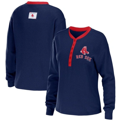 Wear By Erin Andrews Navy Boston Red Sox Waffle Henley Long Sleeve T-shirt