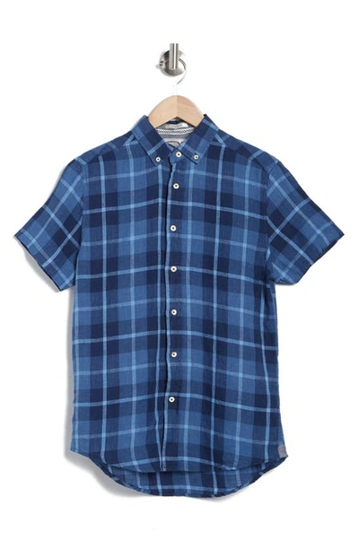 Report Collection Linen Plaid Short Sleeve Button-up Shirt In Indigo