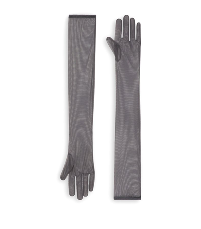 Dolce & Gabbana Long Light Stretch Tulle Gloves In Dark Lead Grey