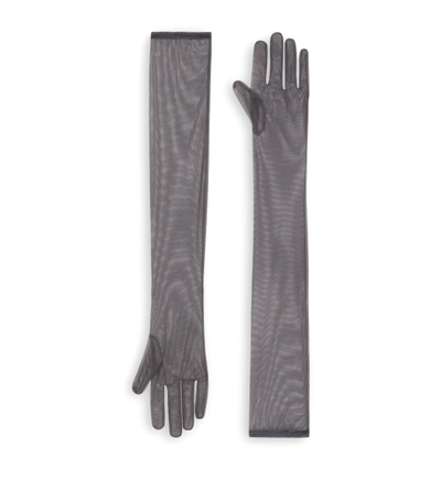 Dolce & Gabbana Long Light Stretch Tulle Gloves In Grey