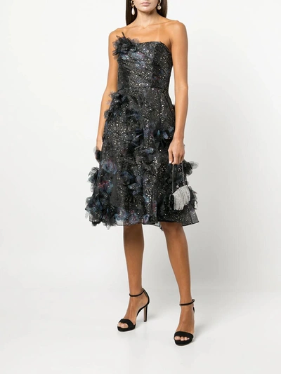 Marchesa Strapless Foiled Printed Organza Cocktail In Black