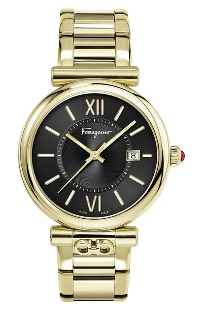 Ferragamo Ora Black Dial Stainless Steel Bracelet Watch, 40mm X 8.9mm In Gold