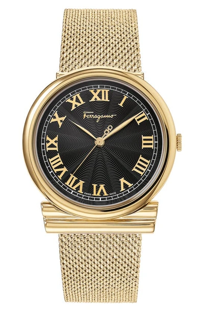 Ferragamo 3-hand Dial Mesh Strap Watch, 34mm In Gold