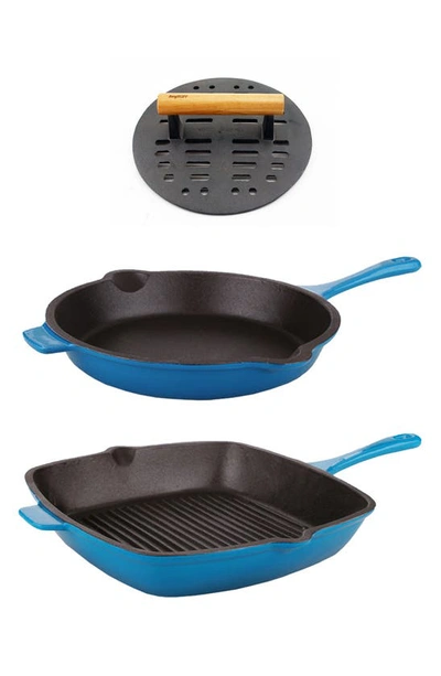 Berghoff International Neo Blue Cast Iron Fry Pan, Grill Pan & Slotted Steak Press 3-piece Set