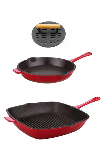 Berghoff International Neo 3-piece Cast Iron Pan With Bacon Press In Red