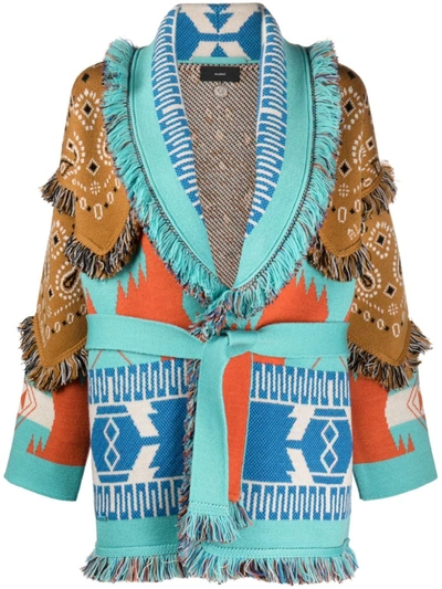 Alanui Icon Belted Fringed Wool-jacquard Cardigan In Brown